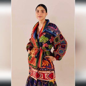 FARM Rio Patchwork Tapestry Crochet Puffer Jacket - Size Medium